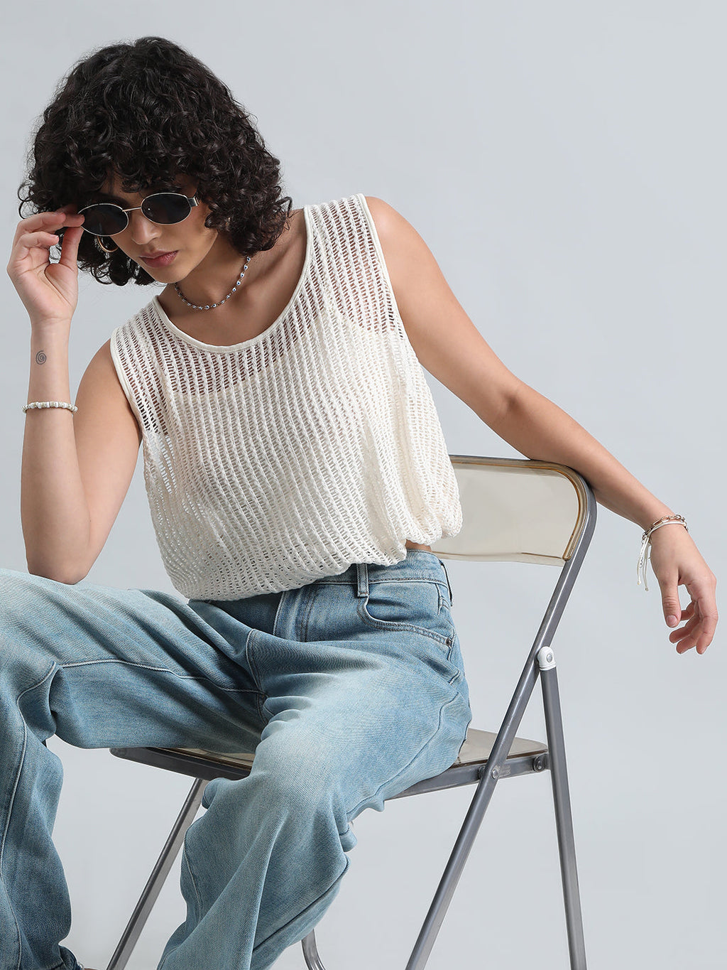 Women's Off White Crochet Top with Attached Inner