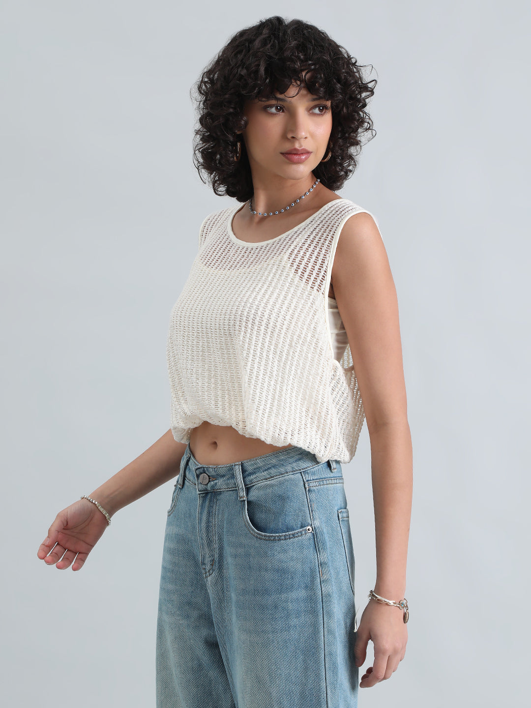 Women's Off White Crochet Top with Attached Inner