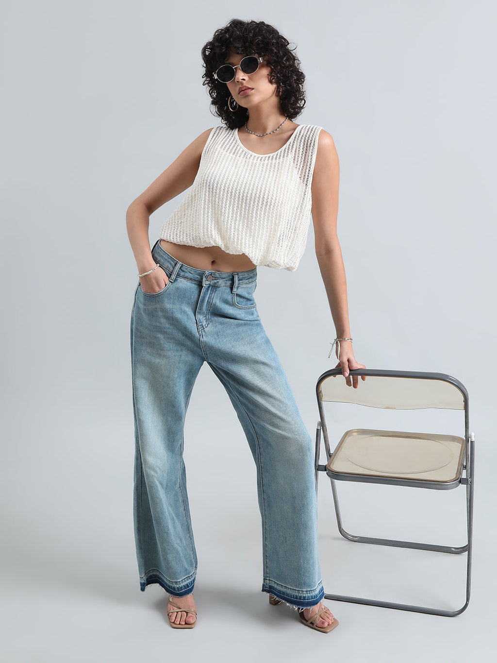 Women's Off White Crochet Top with Attached Inner