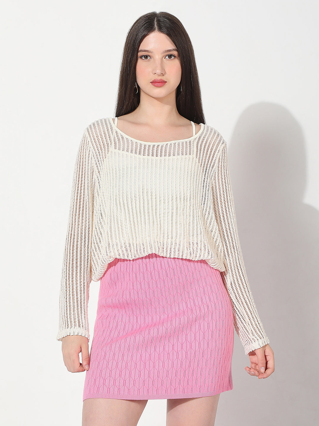 Women's Cream Fitted Crochet Top with Inner Slip