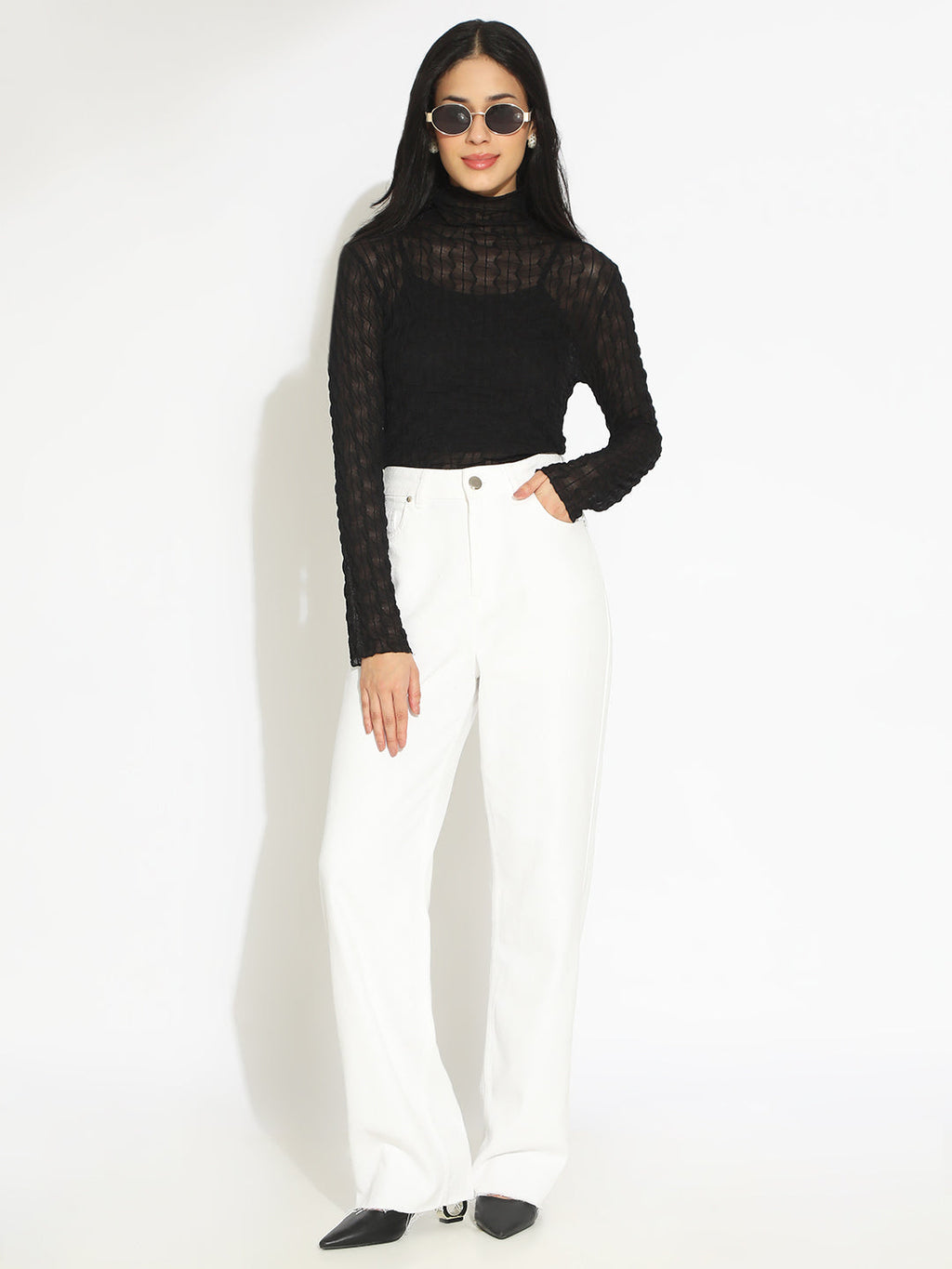 Women's Black Semi Sheer High Neck Top