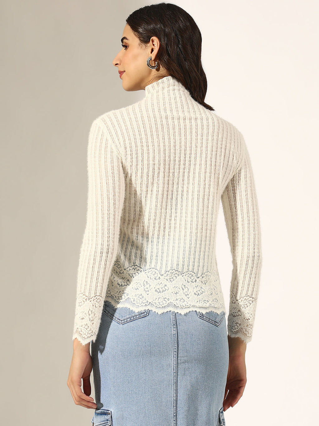 Women's Ribbed White Lace Trim High Neck Long Sleeve Top
