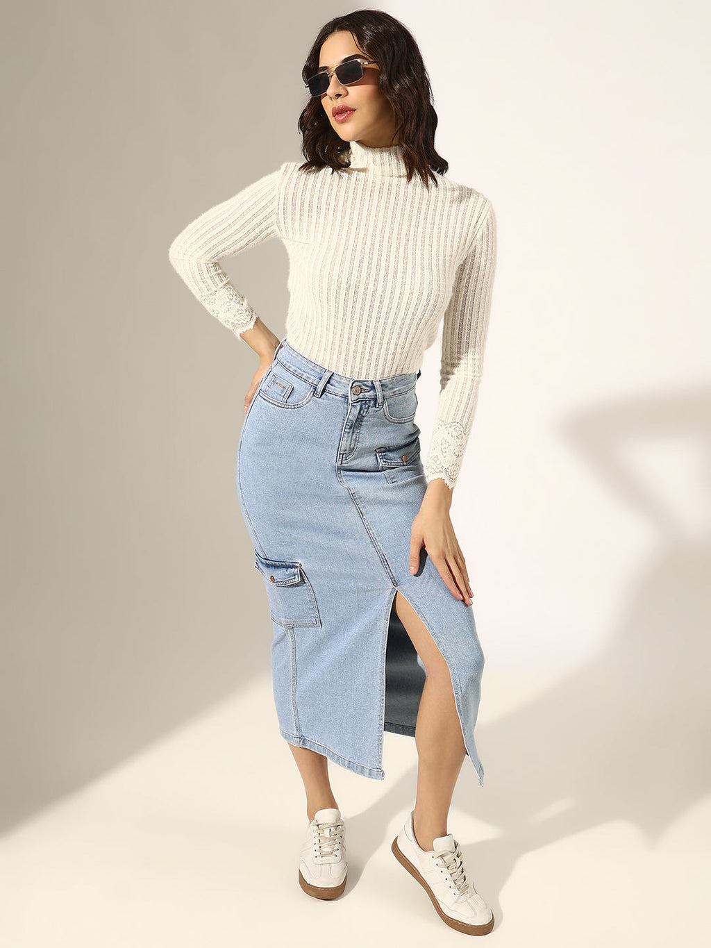 Women's Ribbed White Lace Trim High Neck Long Sleeve Top
