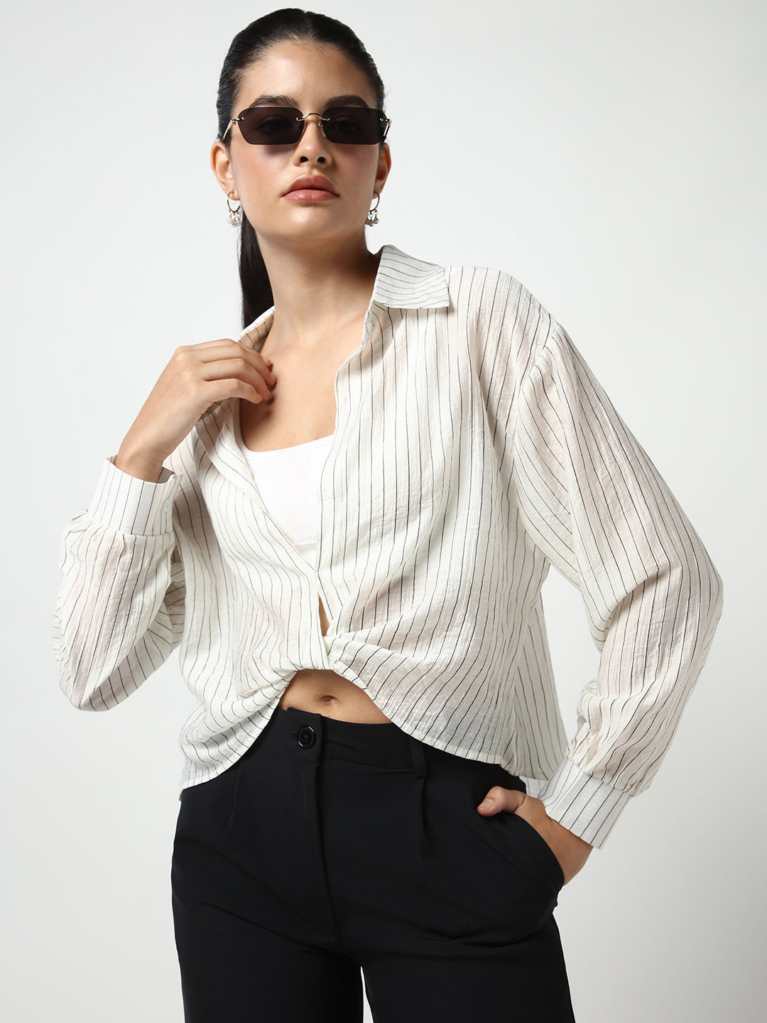 Women's Off White Striped Shirt Style Crop Top