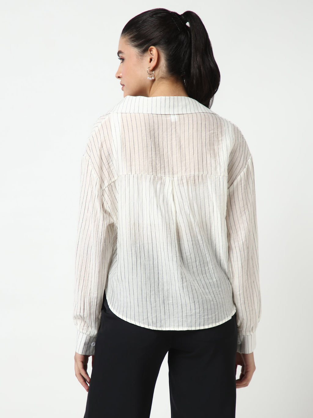 Women's Off White Striped Shirt Style Crop Top