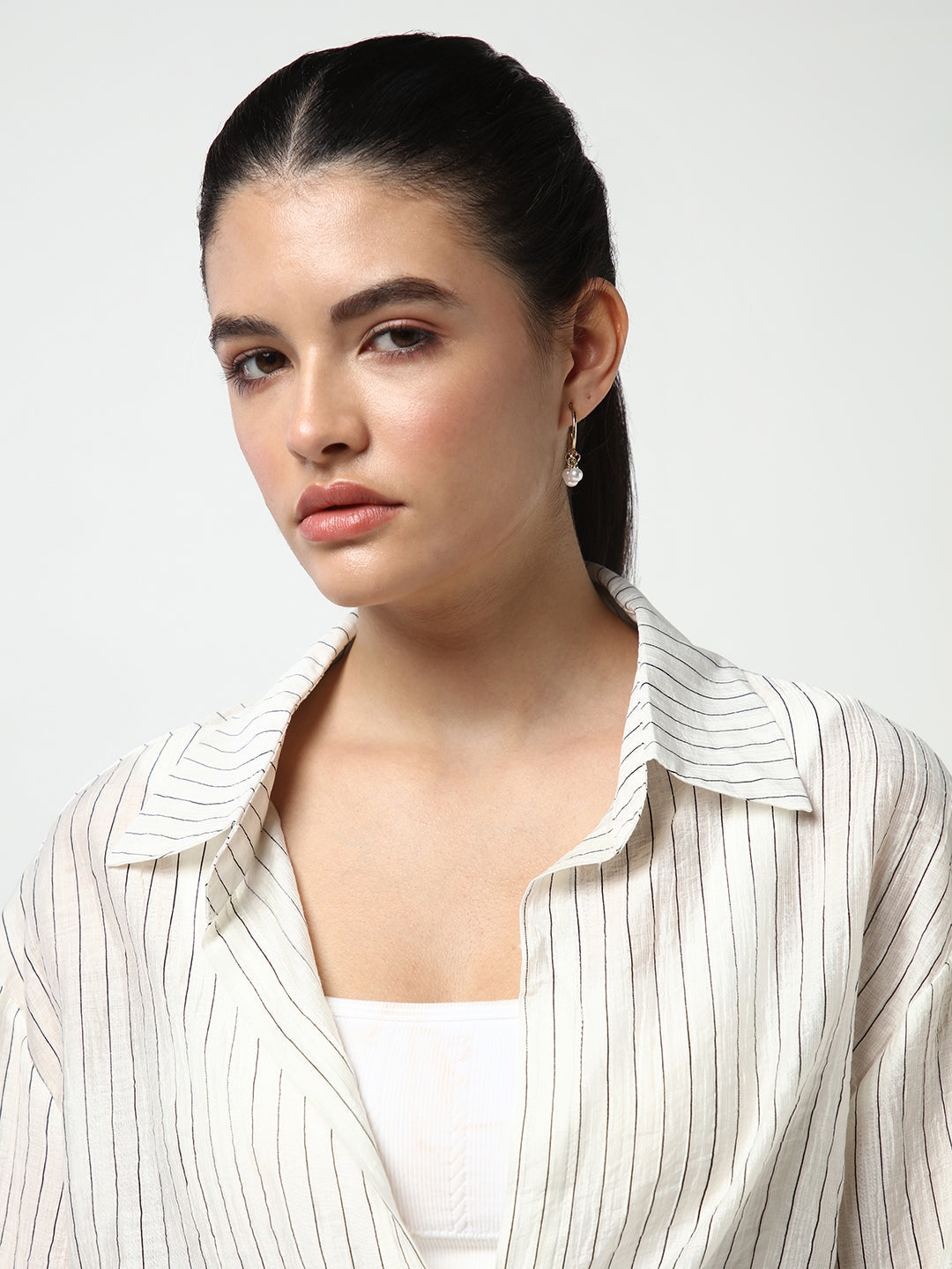 Women's Off White Striped Shirt Style Crop Top