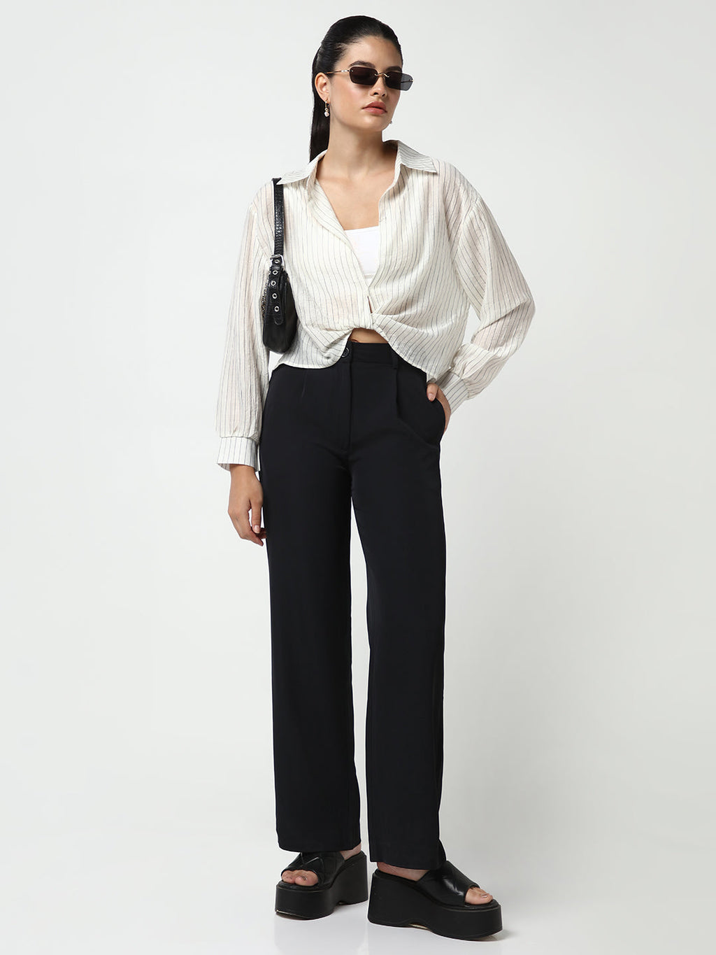 Women's Off White Striped Shirt Style Crop Top