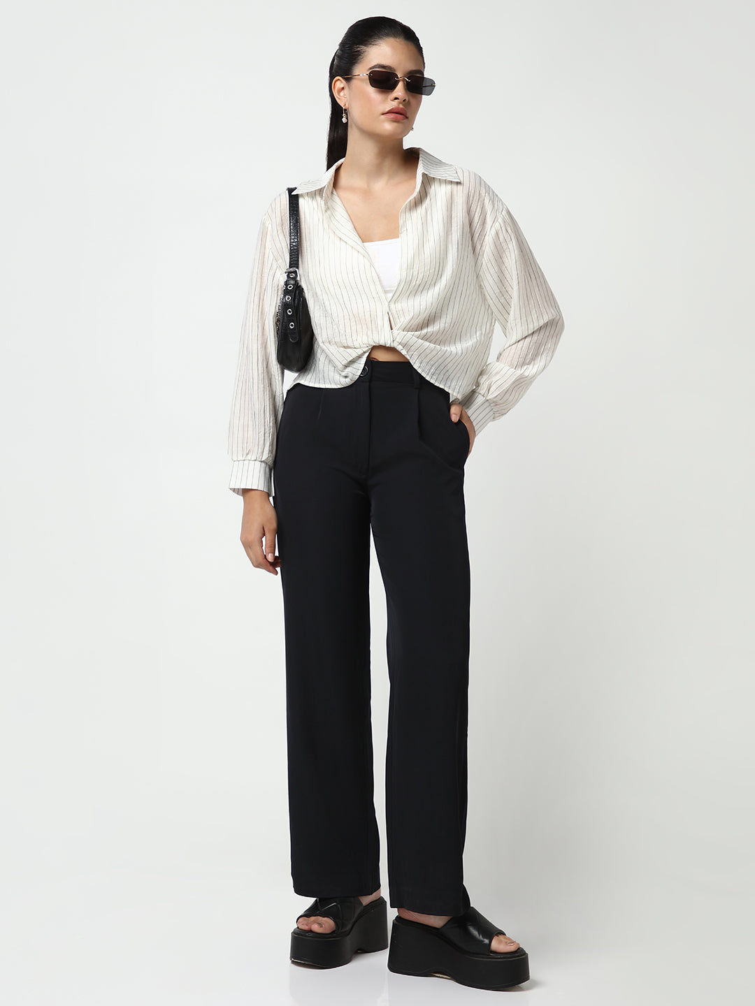 Women's Off White Striped Shirt Style Crop Top