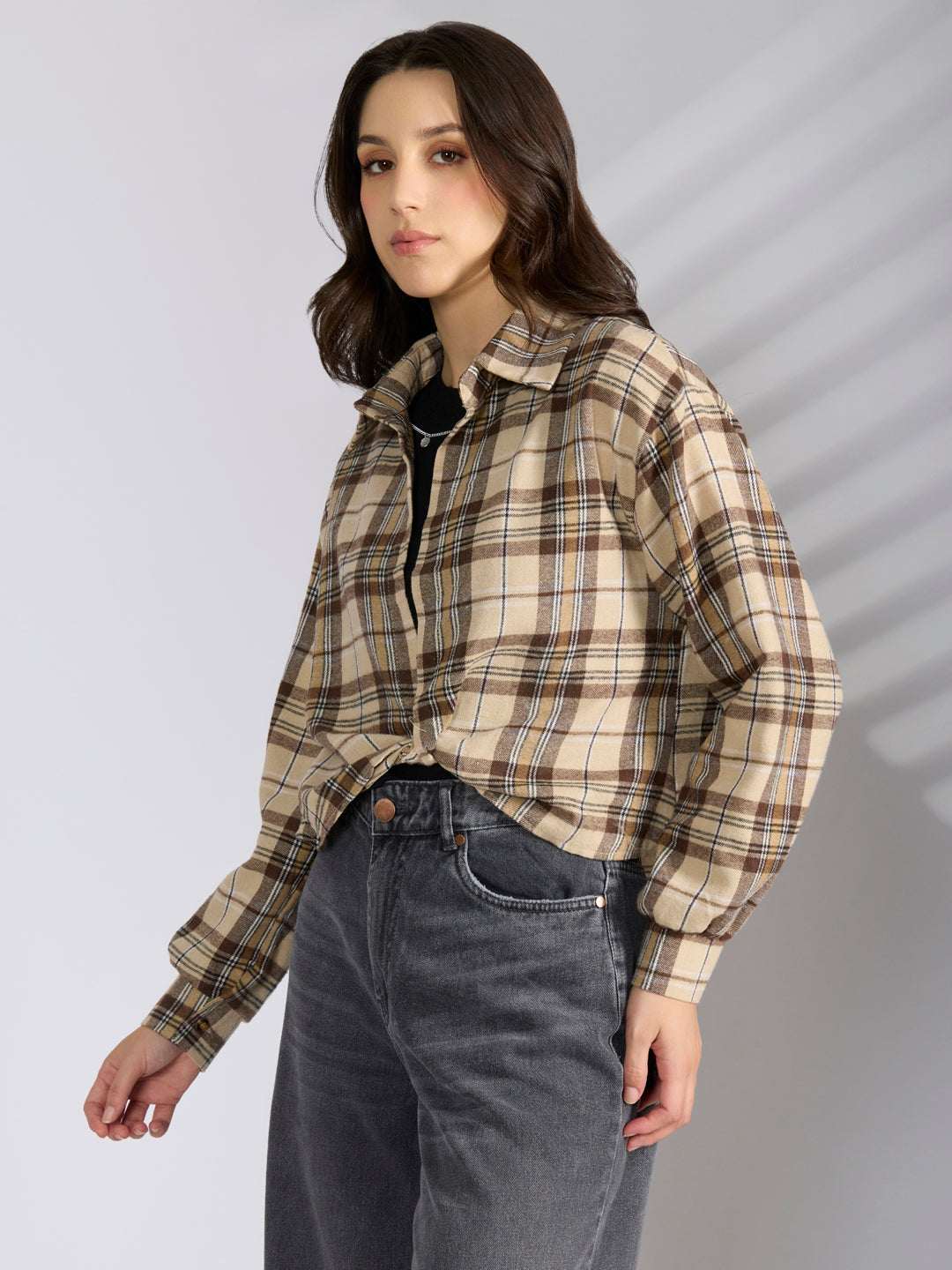 Women's Checked Beige Shirt Style Top with Chain