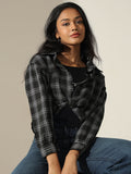 Women's Checked Black Shirt Style Top with Inner Tank Top & Chain