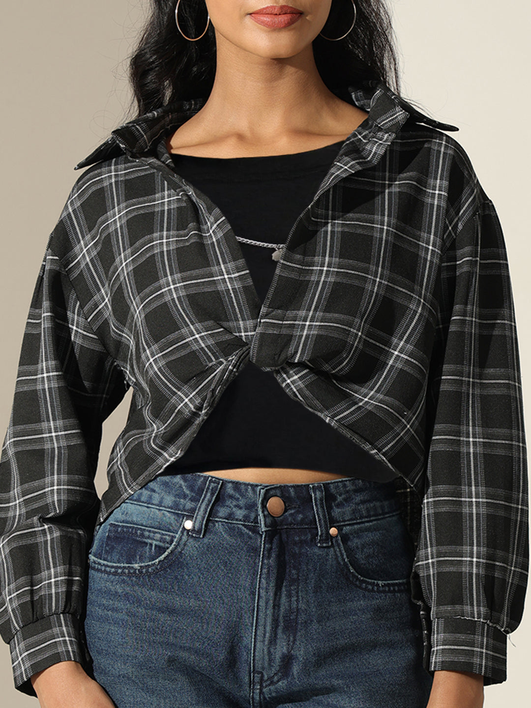 Women's Checked Black Shirt Style Top with Inner Tank Top & Chain