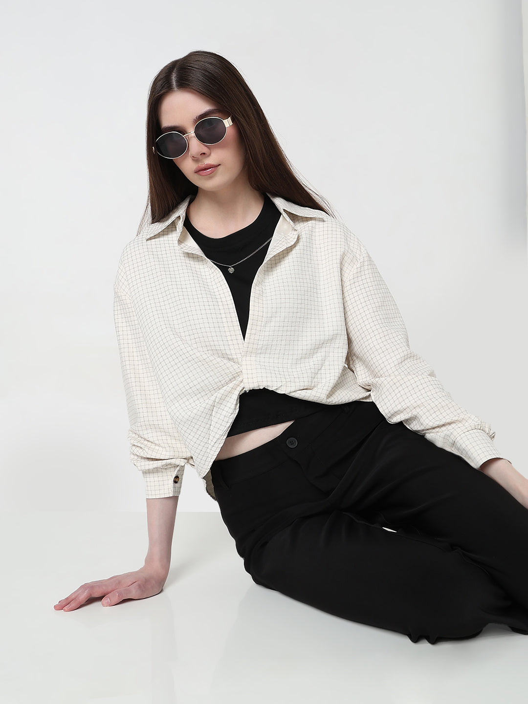 Women's Checked Cream Shirt Collar Crop Top with Inner Tank Top & Neck Chain