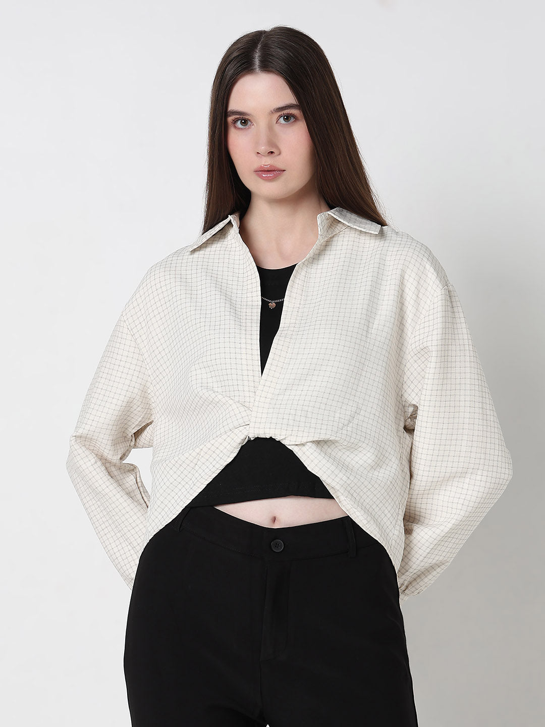 Women's Checked Cream Shirt Collar Crop Top with Inner Tank Top & Neck Chain