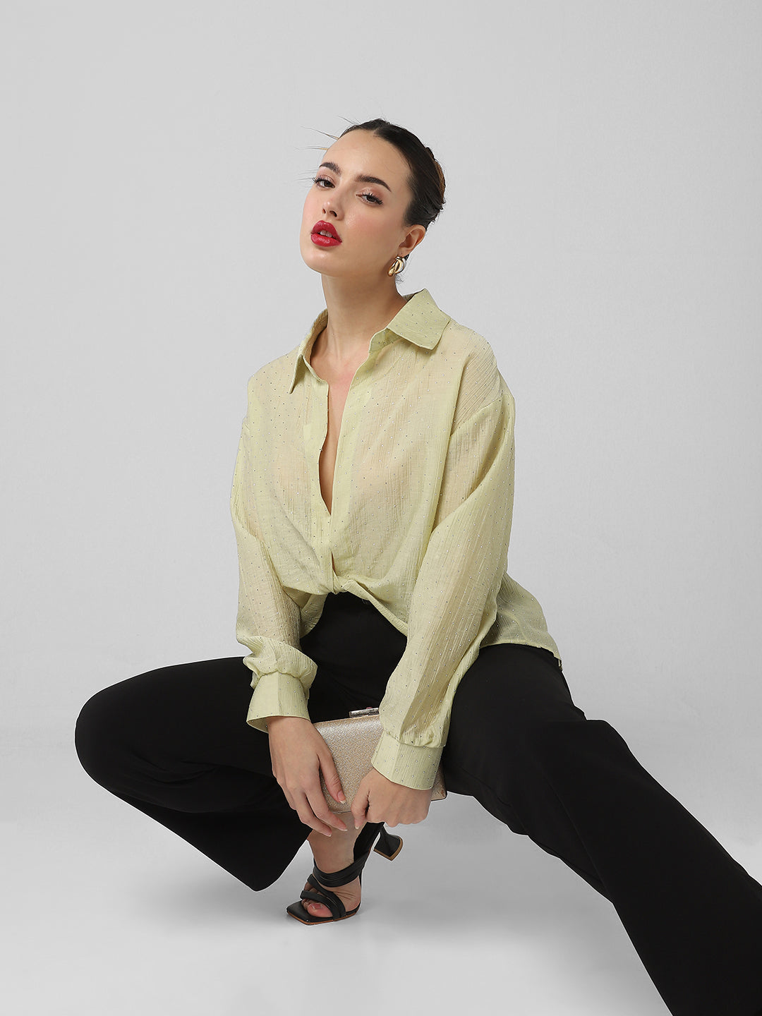 Women's Green Shirt Style Crop Top