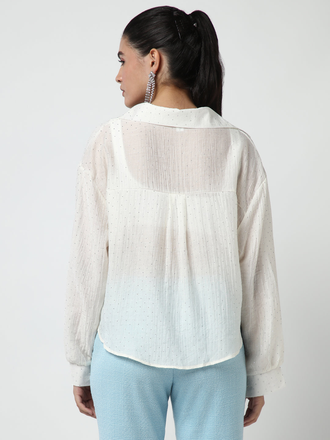Women's Off White Shirt Collar Long Sleeves Studded Shirt Style Crop Top