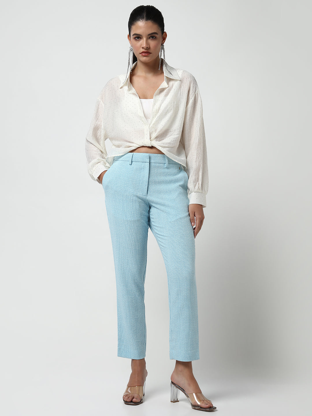 Women's Off White Shirt Collar Long Sleeves Studded Shirt Style Crop Top