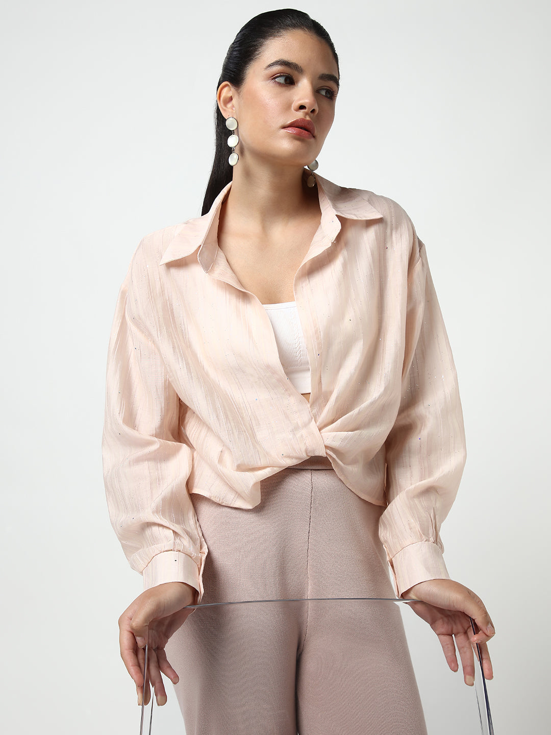 Women's Peach Shirt Collar Studded Shirt Style Crop Top