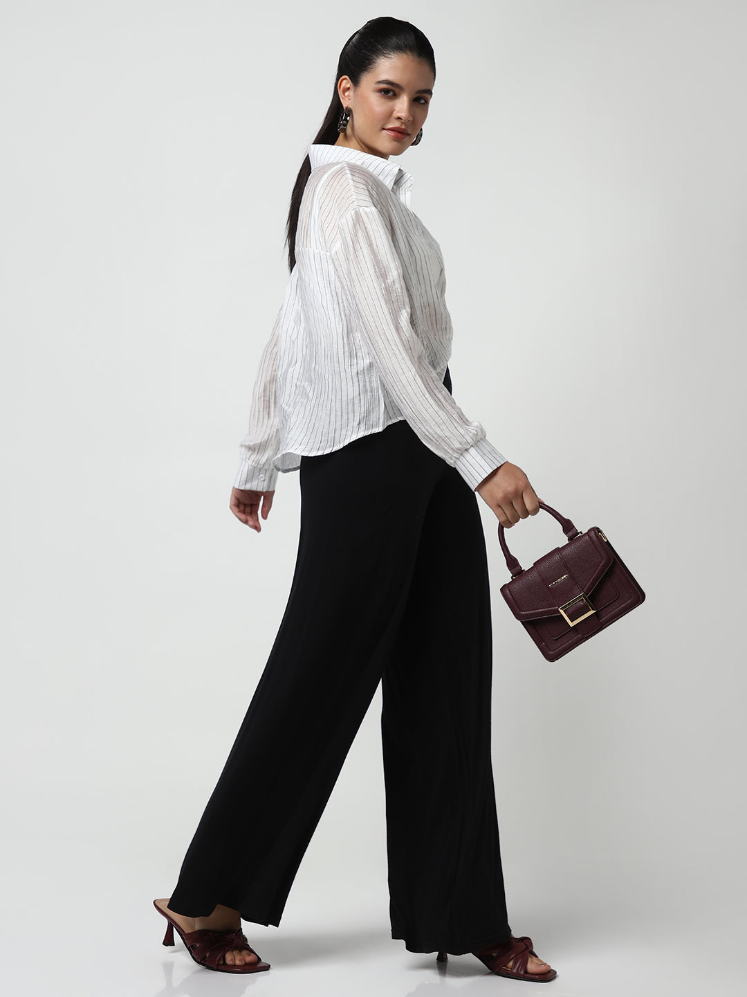 Women's White Striped Shirt Style Crop Top