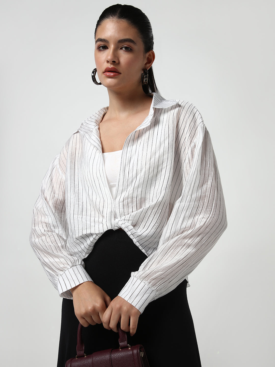Women's White Striped Shirt Style Crop Top