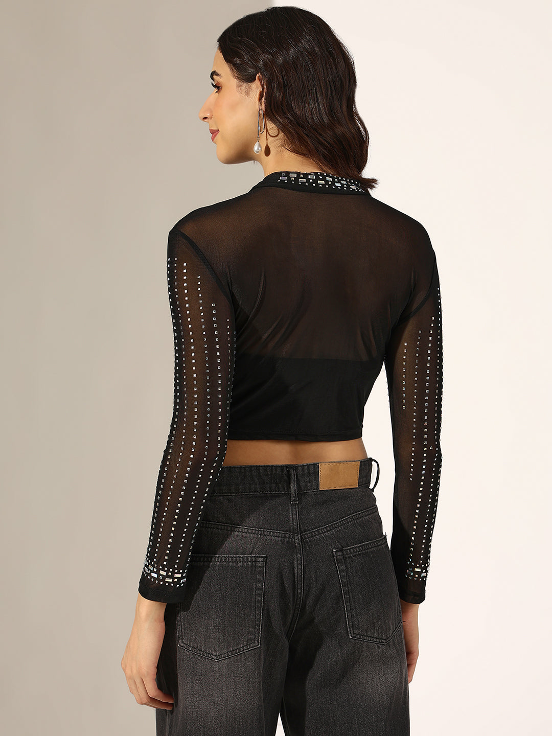 Women's Embellished Black Mesh Crop Top