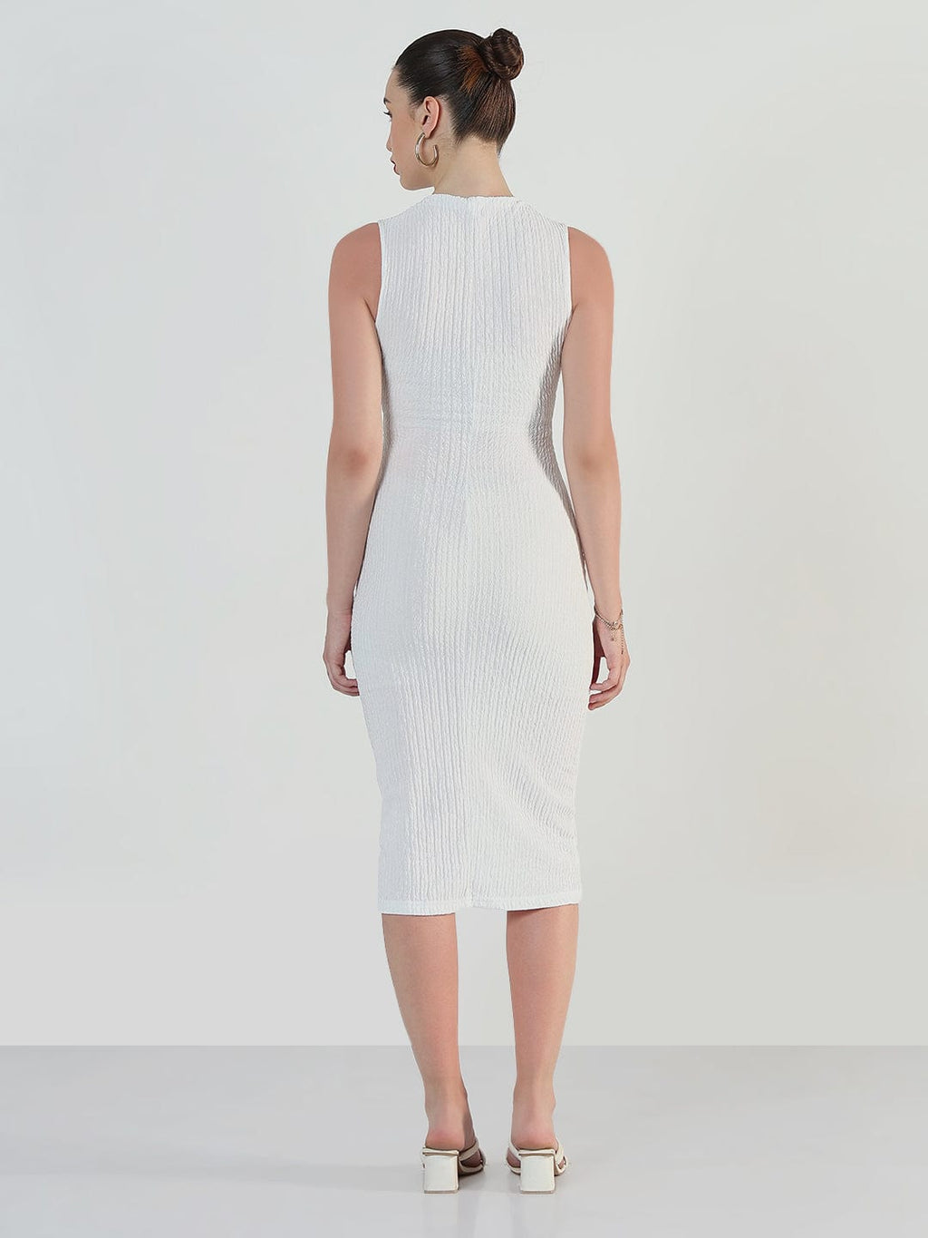 Women's Textured White Cut-out Midi Bodycon Dress