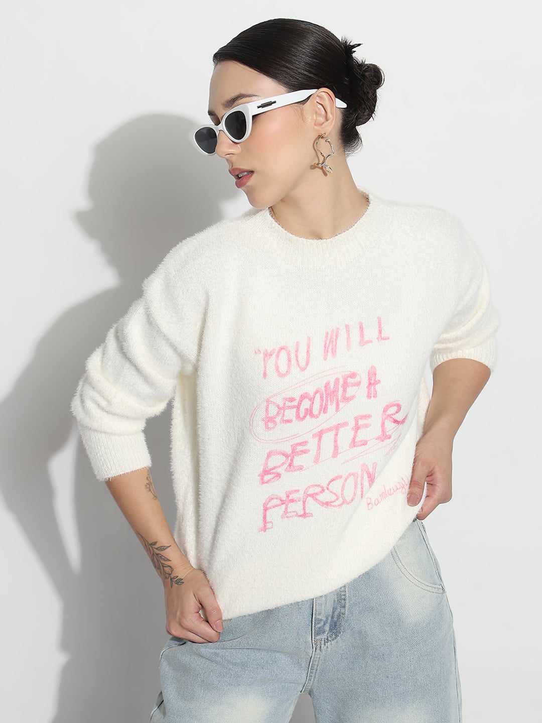 Women's Typography White Round Neck Fuzzy Top