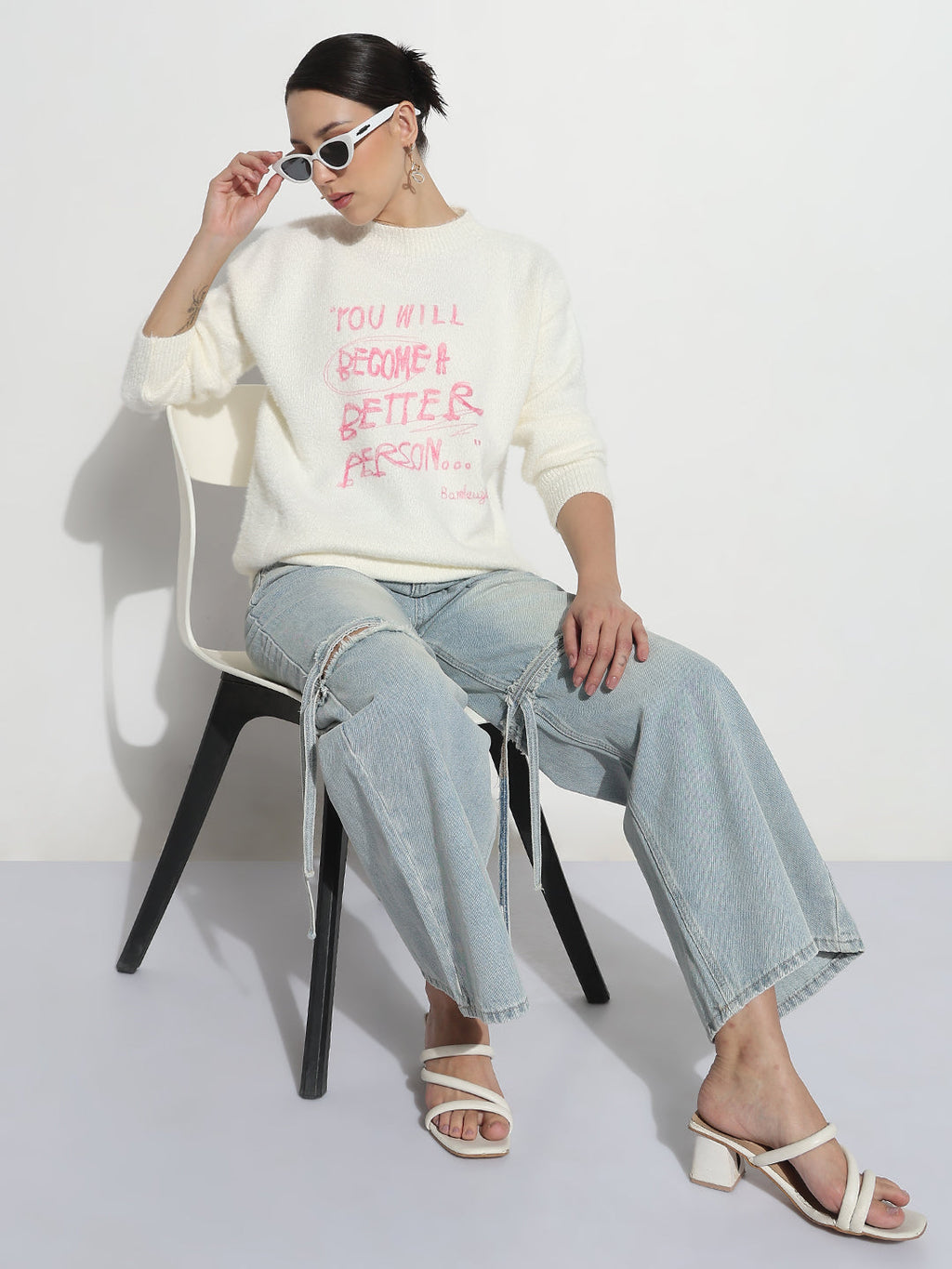 Women's Typography White Round Neck Fuzzy Top