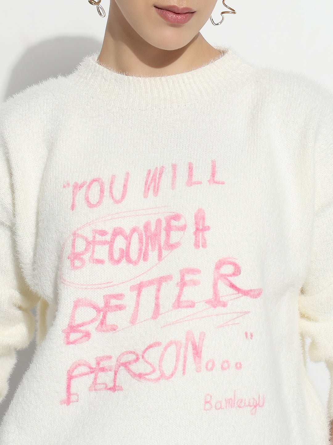 Women's Typography White Round Neck Fuzzy Top