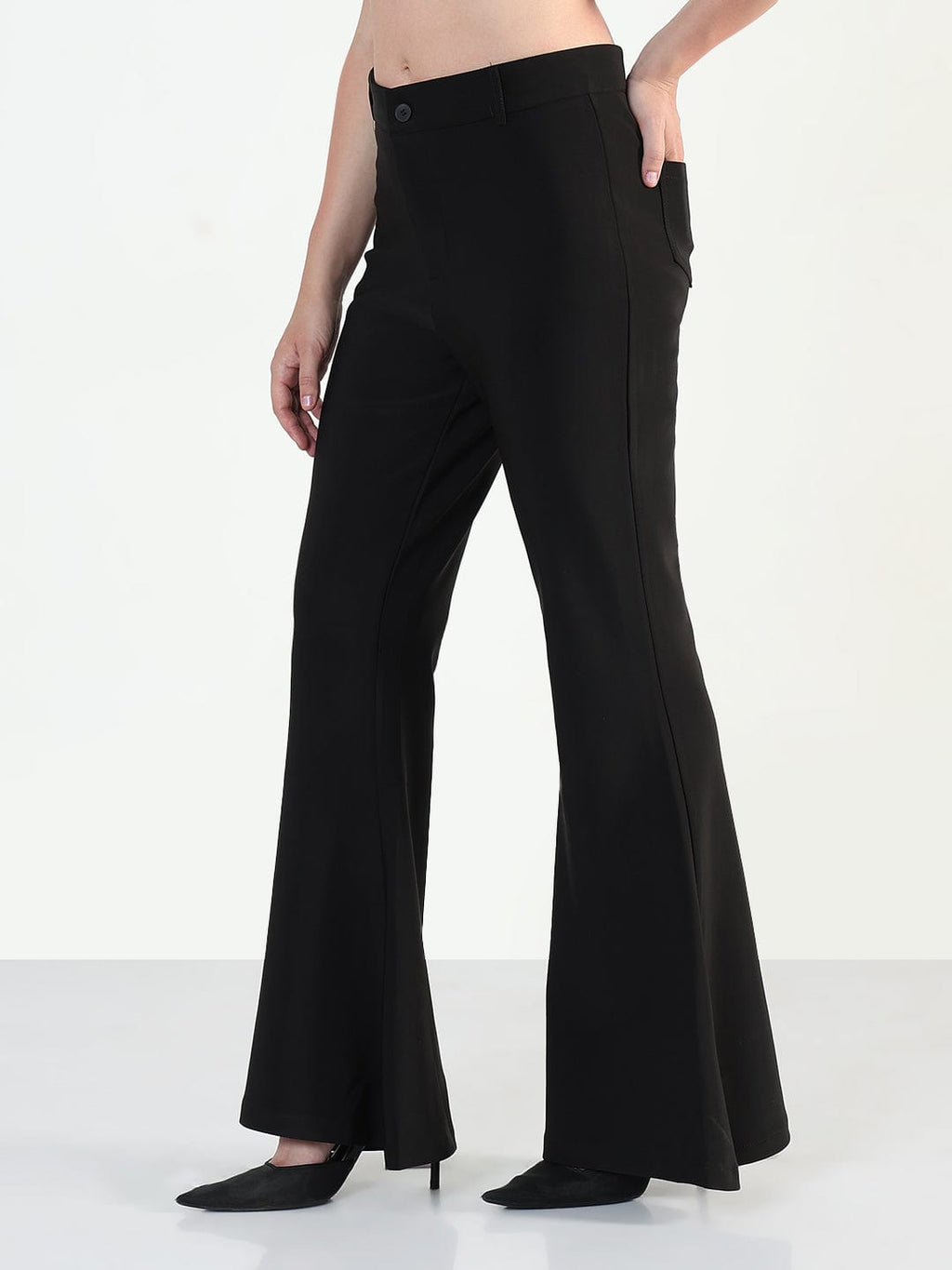 Women's Black Relaxed Fit Flared Trousers