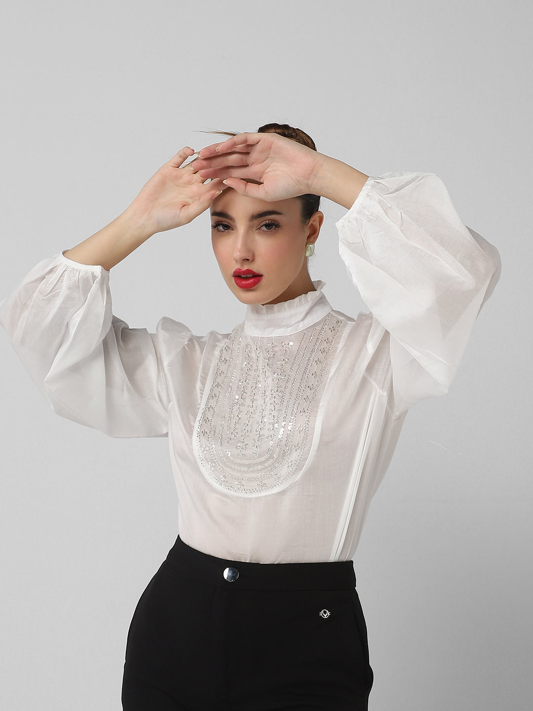 Women's White High Neck Puff Sleeves Top