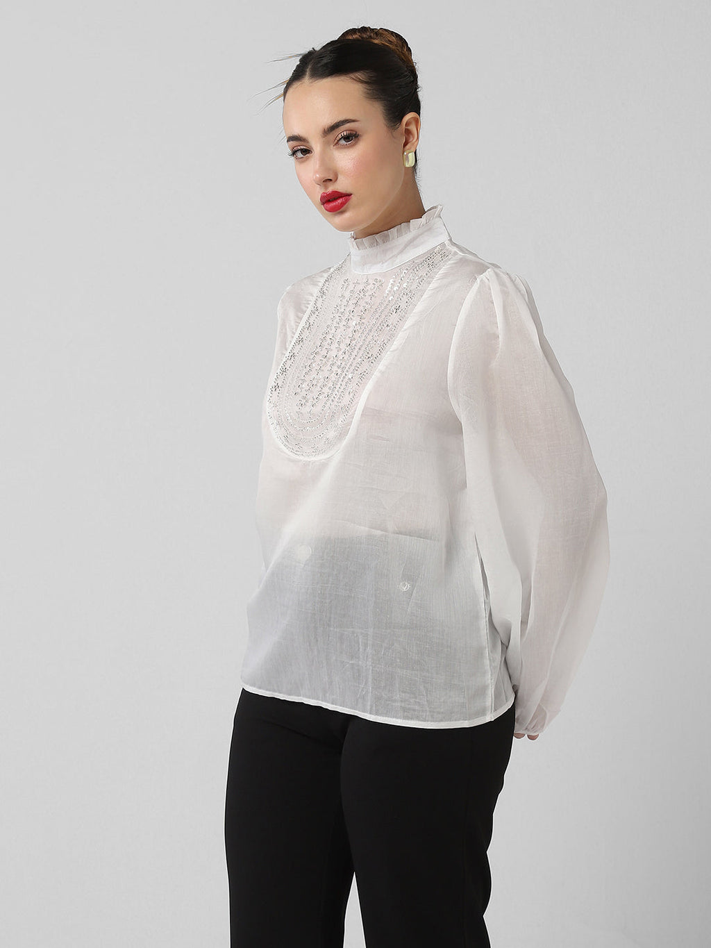 Women's White High Neck Puff Sleeves Top