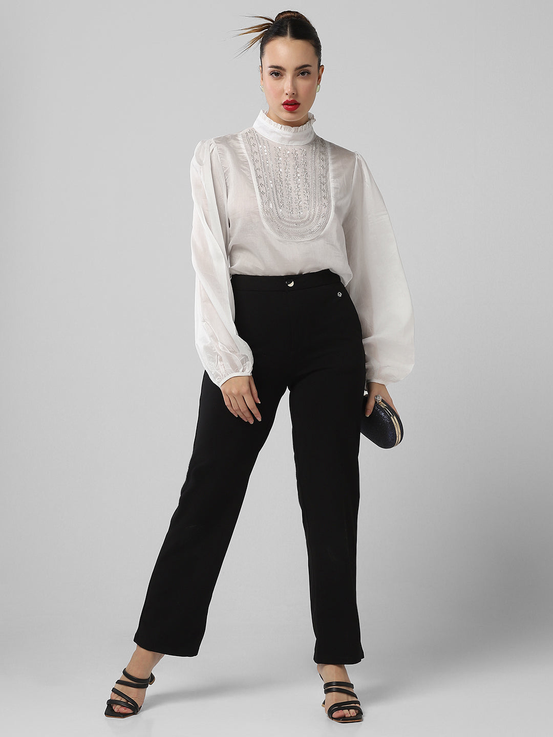Women's White High Neck Puff Sleeves Top