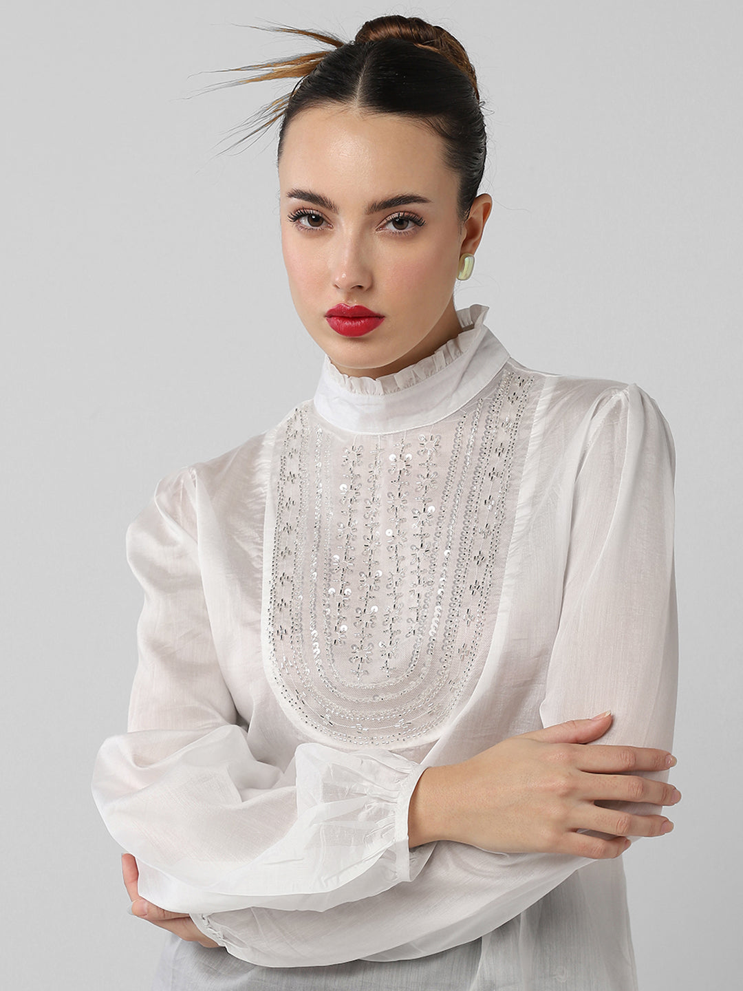 Women's White High Neck Puff Sleeves Top