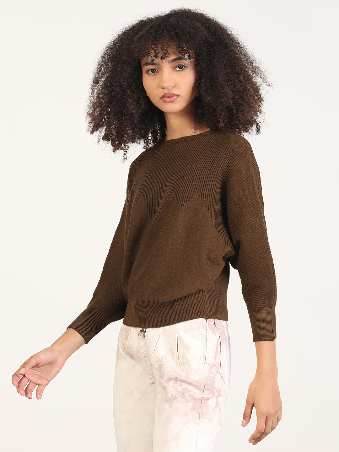 Women's Brown Batwing Sleeves Solid Top