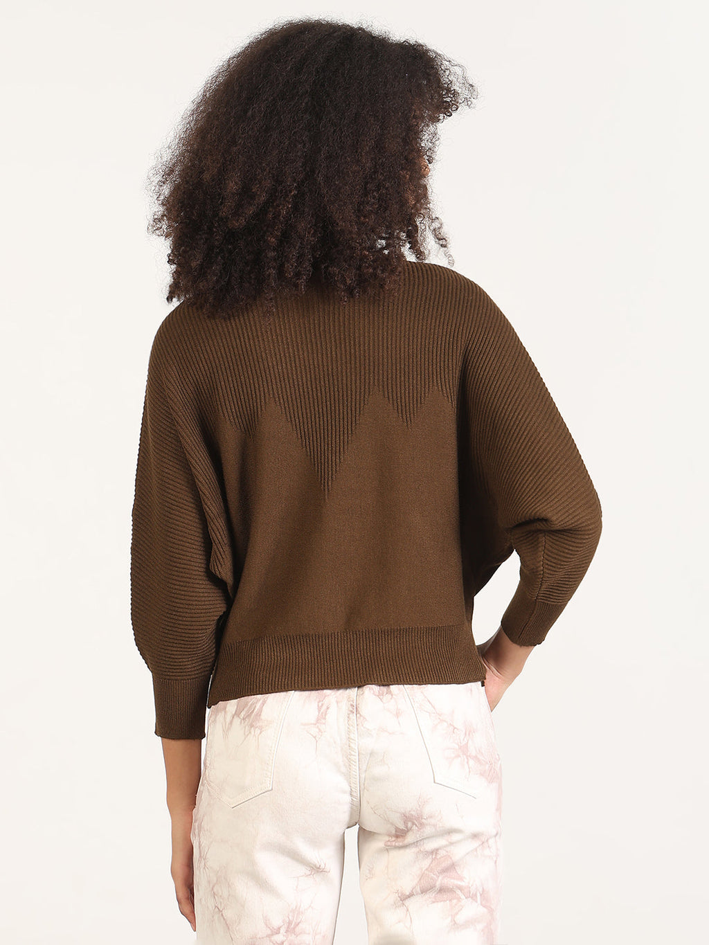 Women's Brown Batwing Sleeves Solid Top
