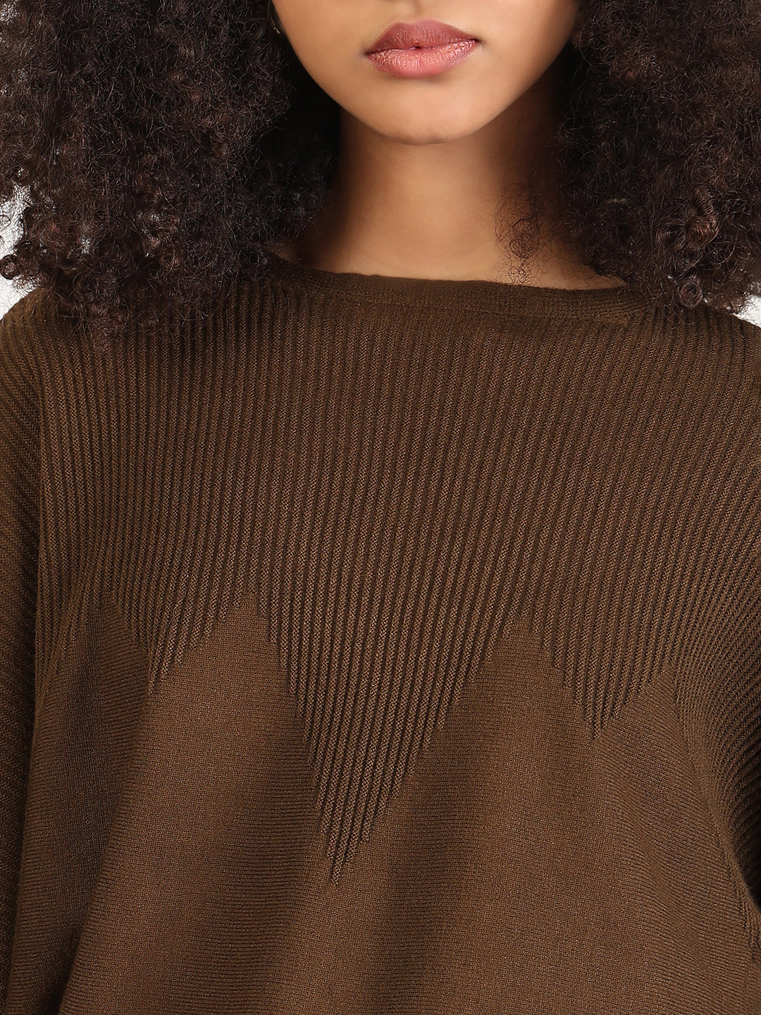 Women's Brown Batwing Sleeves Solid Top