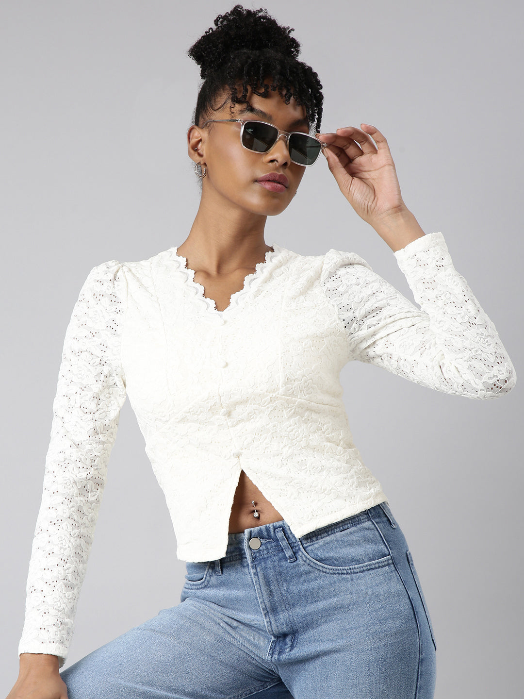 Women's Cream Floral Empire Top