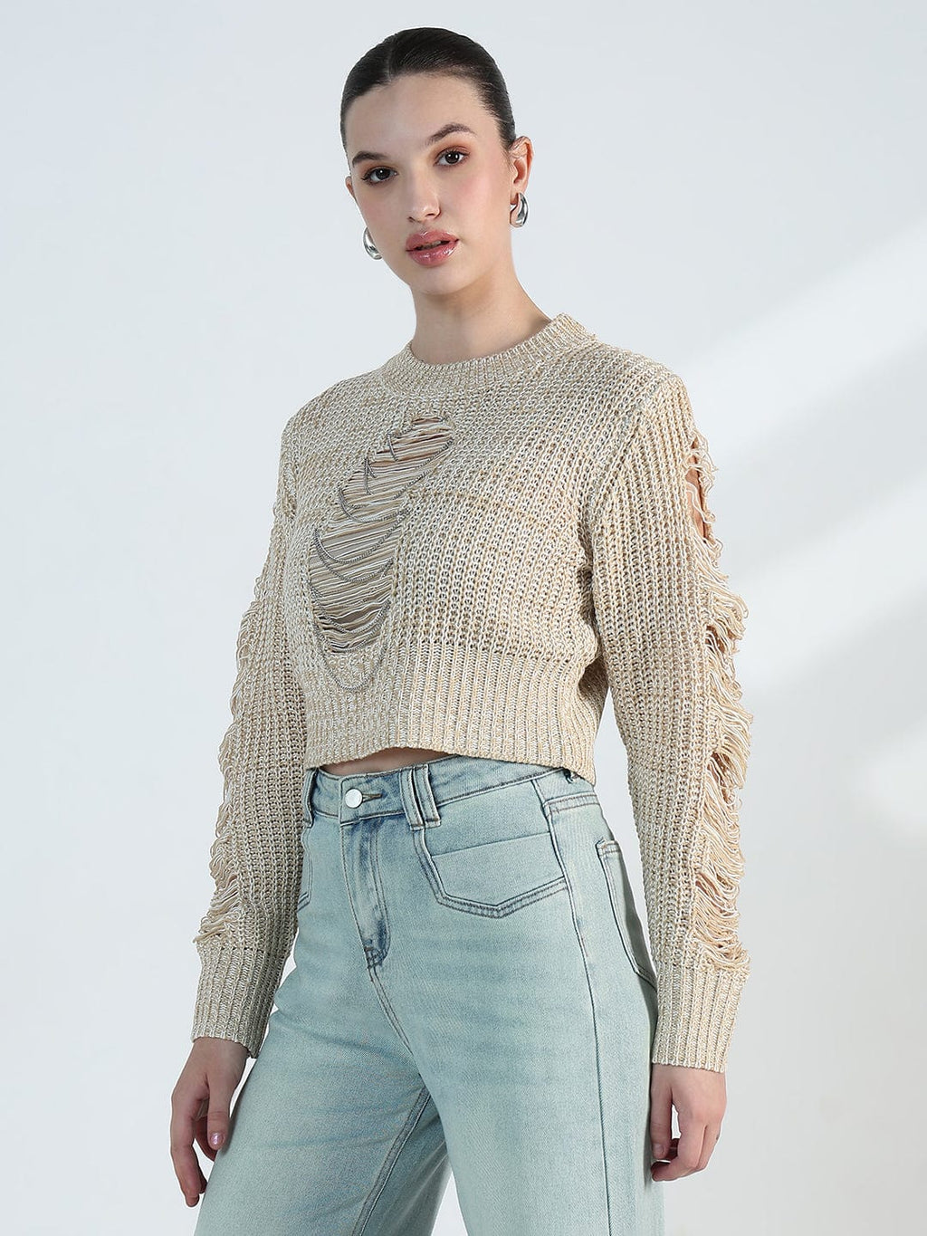 Women's Distressed Beige Crochet Top with Chain Detail