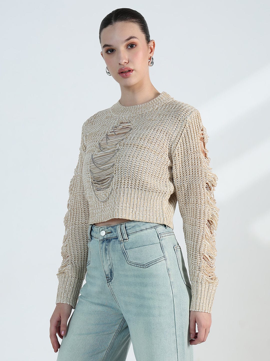 Women's Distressed Beige Crochet Top with Chain Detail