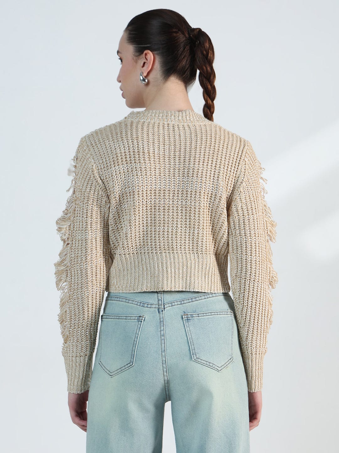 Women's Distressed Beige Crochet Top with Chain Detail