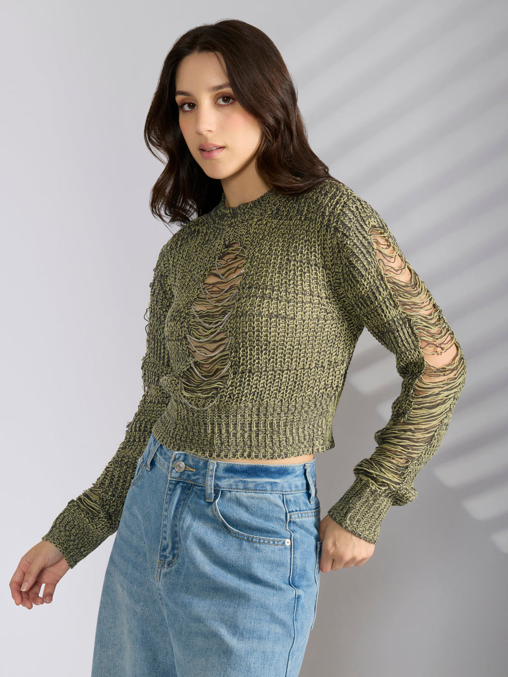 Women's Green Distressed Knitted Top with Chain Details