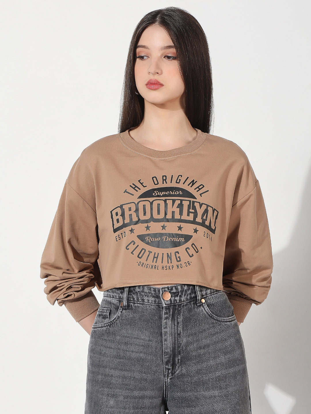 Women's Typography Brown Crew Neck Crop Top