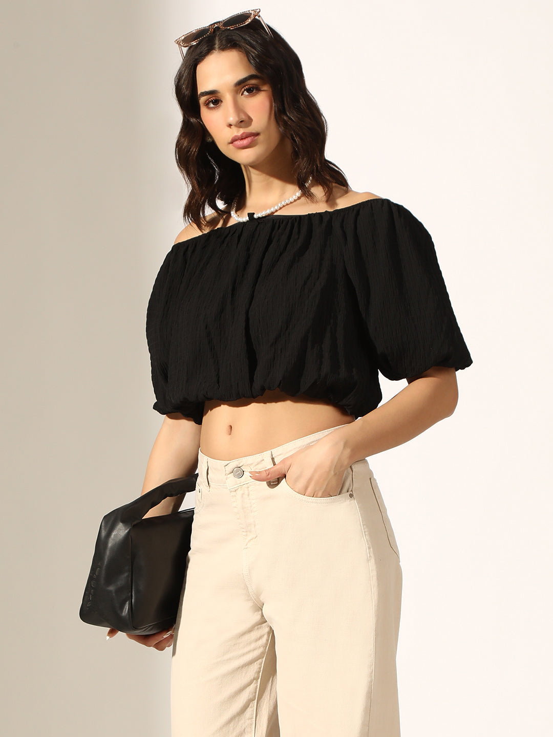 Women's Textured Black Off-Shoulder Puff Sleeve Crop Top with Pearl Chain
