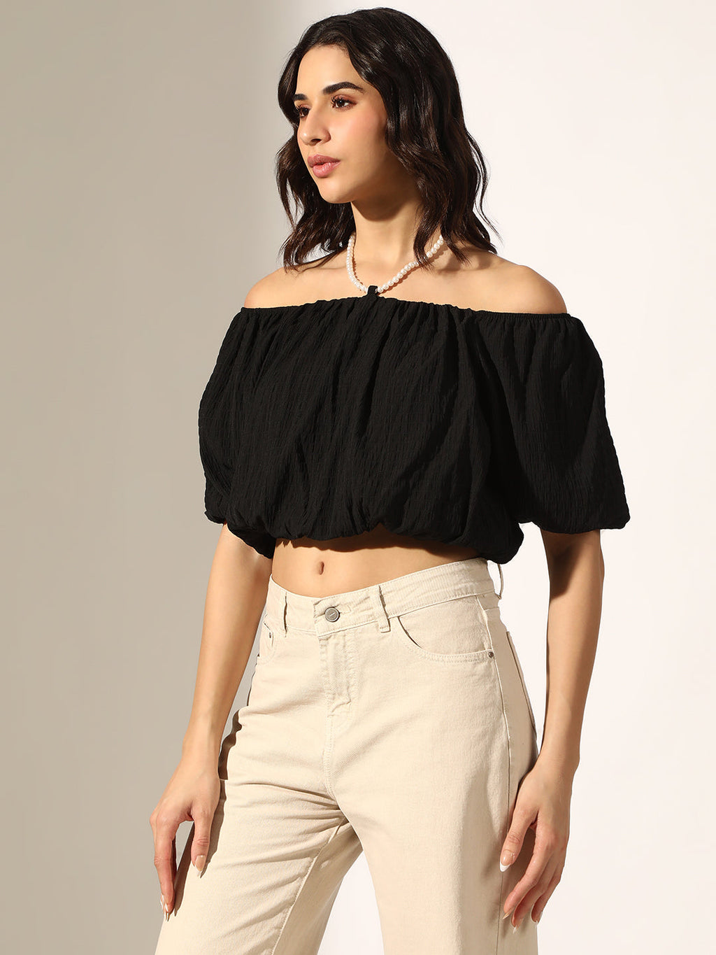 Women's Textured Black Off-Shoulder Puff Sleeve Crop Top with Pearl Chain