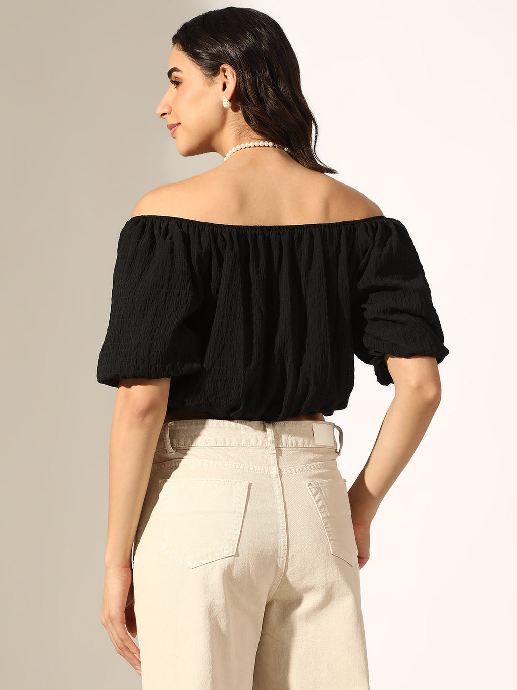 Women's Textured Black Off-Shoulder Puff Sleeve Crop Top with Pearl Chain