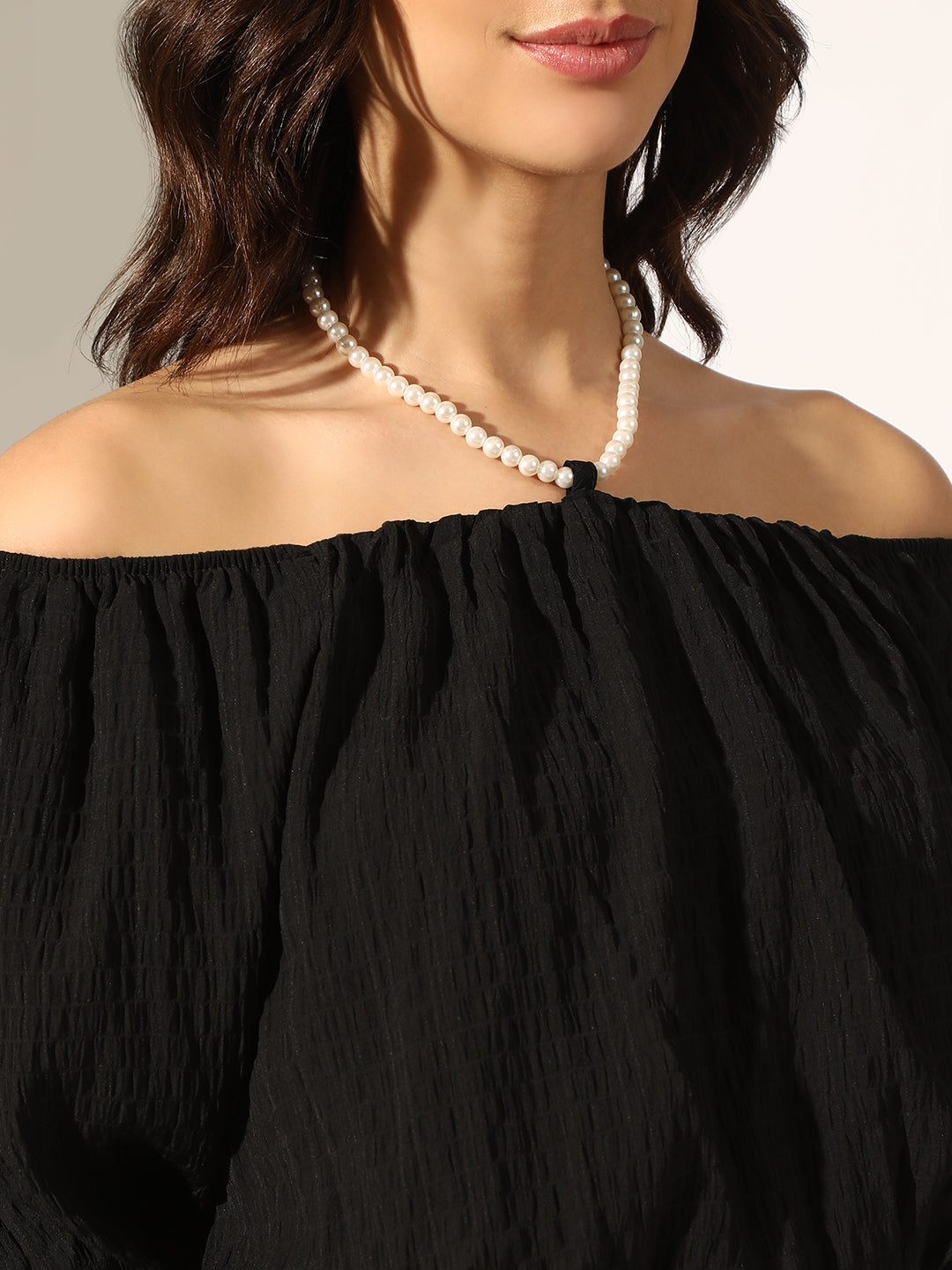 Women's Textured Black Off-Shoulder Puff Sleeve Crop Top with Pearl Chain