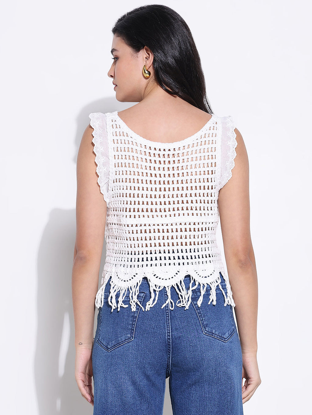 Women's White Round Neck Crochet Crop Top