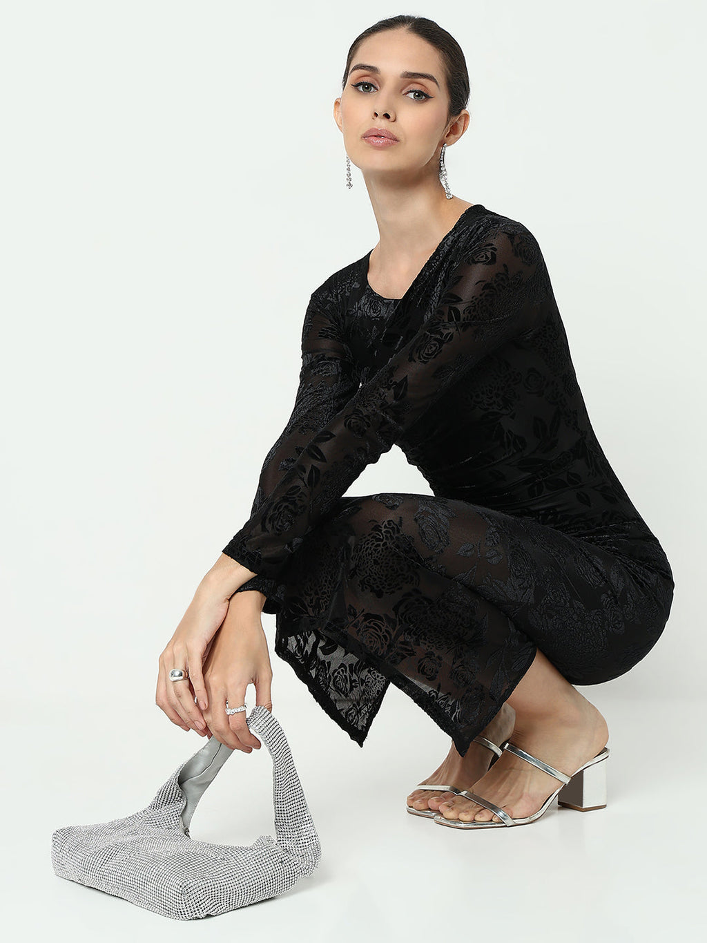 Women's Floral Black Velvet Bodycon Maxi Dress with Back Slit