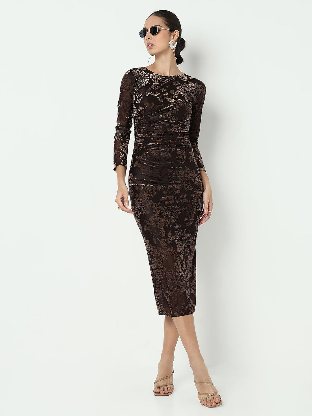 Women's Floral Brown Velvet Bodycon Maxi Dress with Back Slit