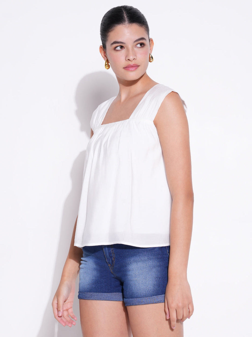 Women's White Cotton Square Neck Top